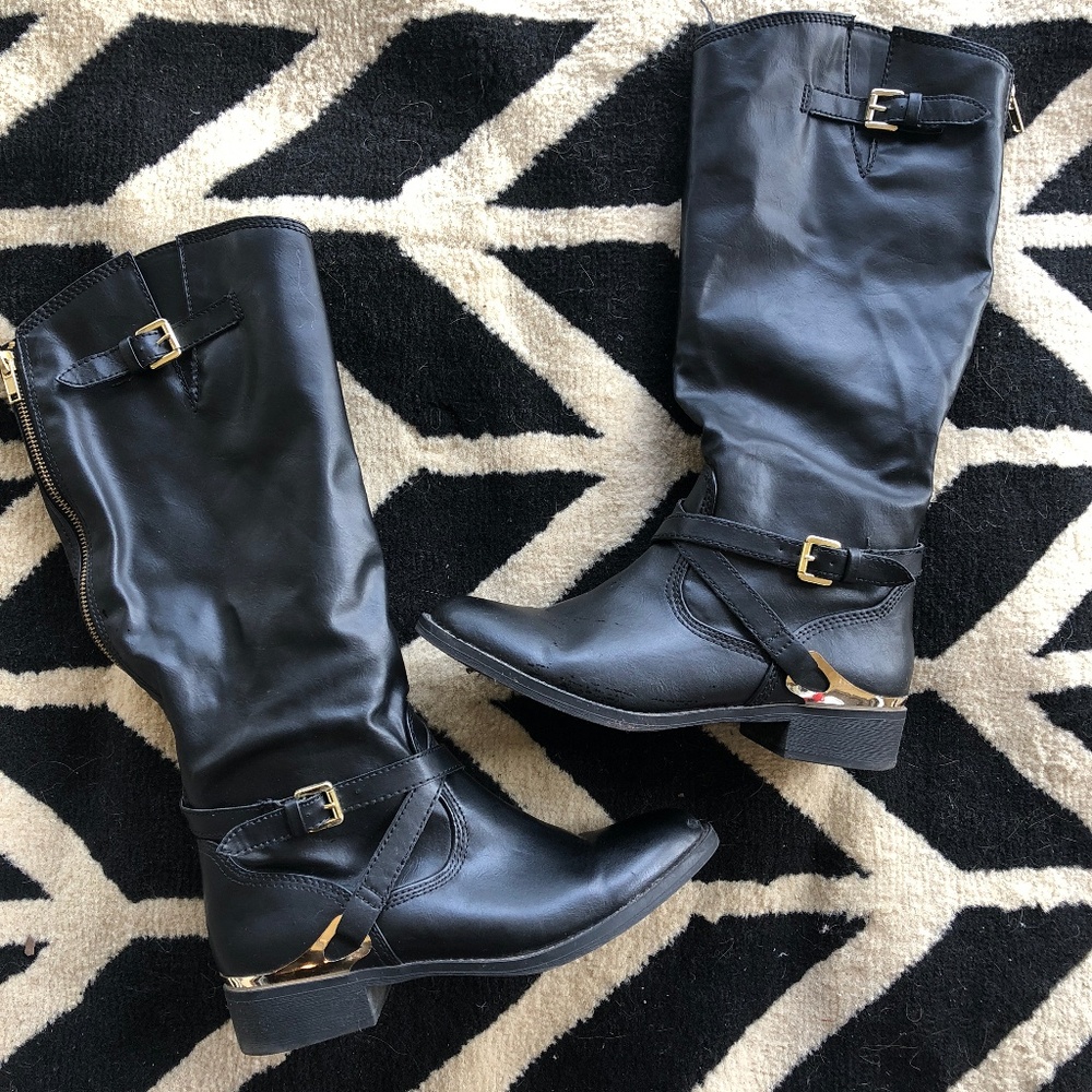 Black & Gold Calf Length Boots • 8 • JustFab